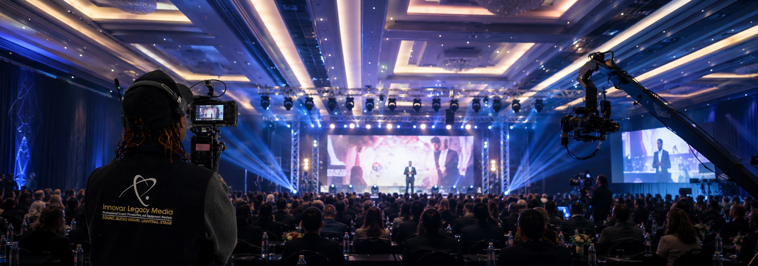 Formal corporate event production setup with stage, lighting, truss and audience seating.
