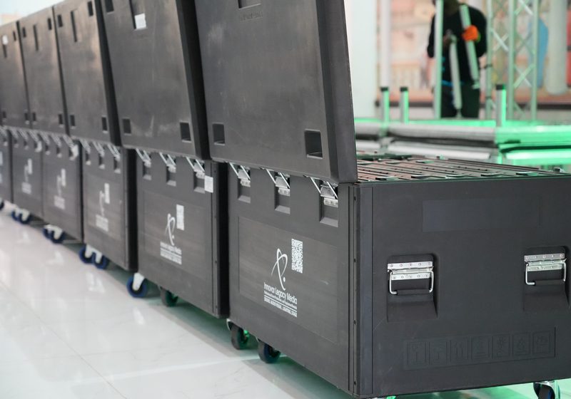 Innovar-branded LED panel cases lined up for event setup.