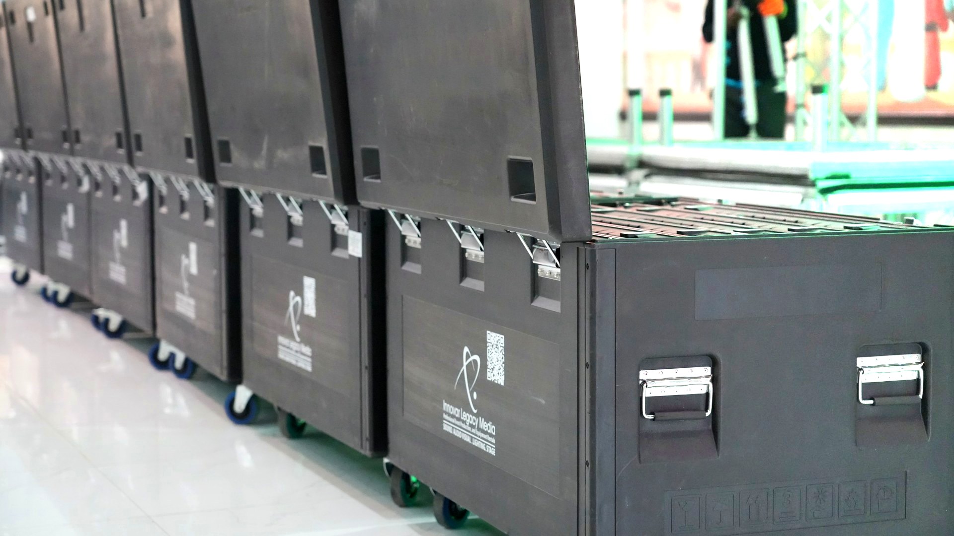 Flight cases and event equipment prepared for rental deployment.