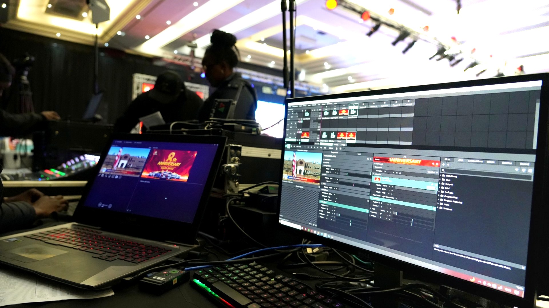 Playback control laptop and technical desk for show direction.